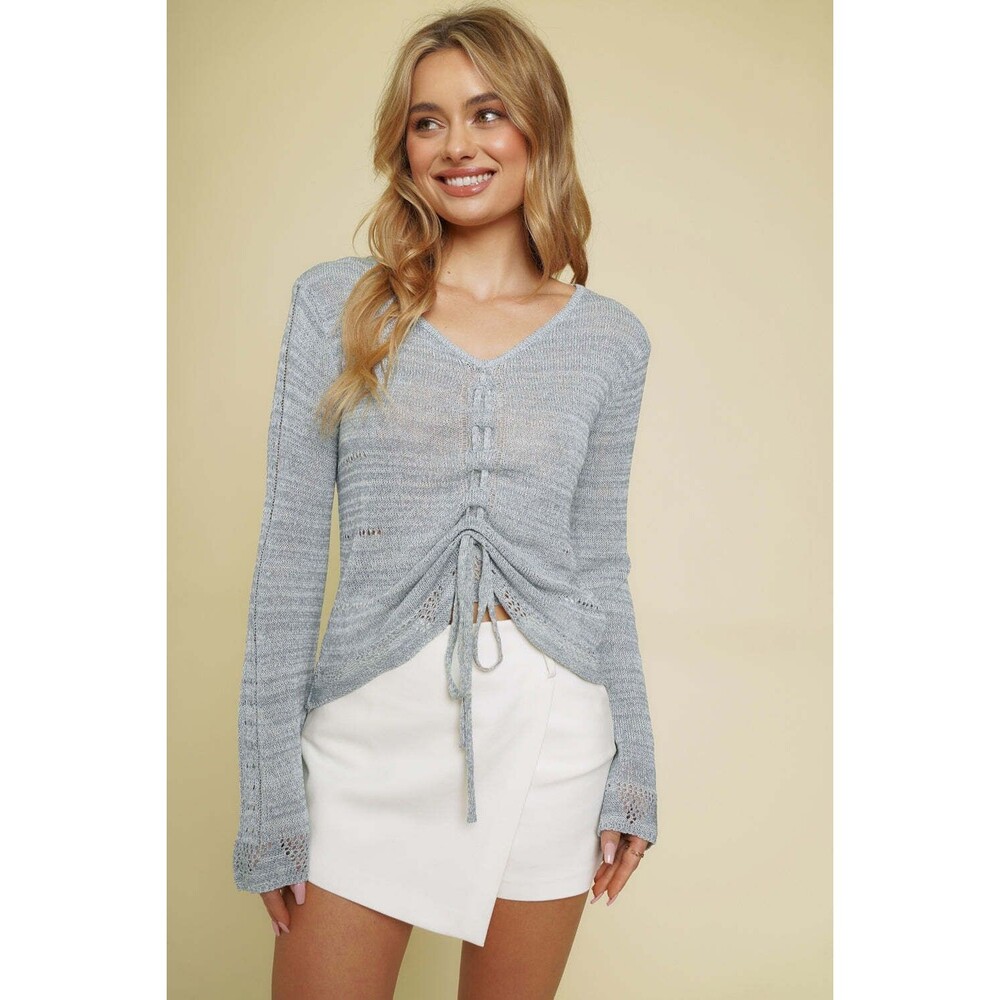 Mystree Crochet Drawstring Front Pointelle Lightweight Sweater *NWT